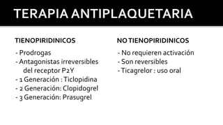 TIENOPIRIDINICOS NOTIENOPIRIDINICOS
- Prodrogas
- Antagonistas irreversibles
del receptor P2Y
- 1 Generación :Ticlopidina
- 2 Generación: Clopidogrel
- 3 Generación: Prasugrel
- No requieren activación
- Son reversibles
-Ticagrelor : uso oral
 