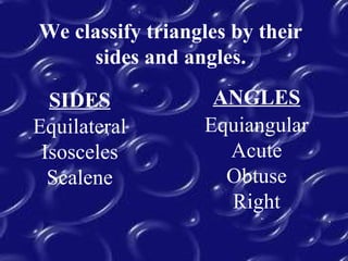 We classify triangles by their
sides and angles.
SIDES ANGLES
Equilateral
Isosceles
Scalene
Equiangular
Acute
Obtuse
Right
 