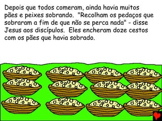 Depois que todos comeram, ainda havia muitos
pães e peixes sobrando. "Recolham os pedaços que
sobraram a fim de que não se perca nada" - disse
Jesus aos discípulos. Eles encheram doze cestos
com os pães que havia sobrado.
 