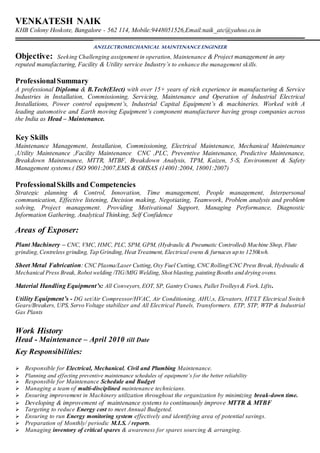 VENKATESH NAIK
KHB Colony Hoskote, Bangalore - 562 114, Mobile:9448051526,Email:naik_atc@yahoo.co.in
ANELECTROMECHANICAL MAINTENANCE ENGINEER
Objective: Seeking Challenging assignment in operation, Maintenance & Project management in any
reputed manufacturing, Facility & Utility service Industry’s to enhance the management skills.
ProfessionalSummary
A professional Diploma & B.Tech(Elect) with over 15+ years of rich experience in manufacturing & Service
Industries in Installation, Commissioning, Servicing, Maintenance and Operation of Industrial Electrical
Installations, Power control equipment’s, Industrial Capital Equipment’s & machineries. Worked with A
leading automotive and Earth moving Equipment’s component manufacturer having group companies across
the India as Head – Maintenance.
Key Skills
Maintenance Management, Installation, Commissioning, Electrical Maintenance, Mechanical Maintenance
,Utility Maintenance ,Facility Maintenance CNC ,PLC, Preventive Maintenance, Predictive Maintenance,
Breakdown Maintenance, MTTR, MTBF, Breakdown Analysis, TPM, Kaizen, 5-S, Environment & Safety
Management systems.( ISO 9001:2007,EMS & OHSAS (14001:2004, 18001:2007)
ProfessionalSkills and Competencies
Strategic planning & Control, Innovation, Time management, People management, Interpersonal
communication, Effective listening, Decision making, Negotiating, Teamwork, Problem analysis and problem
solving, Project management. Providing Motivational Support, Managing Performance, Diagnostic
Information Gathering, Analytical Thinking, Self Confidence
Areas of Exposer:
Plant Machinery – CNC, VMC, HMC, PLC, SPM, GPM, (Hydraulic & Pneumatic Controlled) Machine Shop, Flute
grinding,Centreless grinding, Tap Grinding,Heat Treatment, Electrical ovens & furnaces up to 1250kwh.
Sheet Metal Fabrication: CNC Plasma/Laser Cutting,Oxy Fuel Cutting,CNC Rolling/CNC Press Break,Hydraulic &
Mechanical Press Break, Robot welding /TIG/MIG Welding,Shot blasting, painting Booths and drying ovens.
Material Handling Equipment’s: All Conveyers,EOT, SP, Gantry Cranes, Pallet Trolleys& Fork.Lifts.
Utility Equipment’s - DG set/Air Compressor/HVAC, Air Conditioning, AHU,s, Elevators, HT/LT Electrical Switch
Gears/Breakers, UPS, Servo Voltage stabilizer and All Electrical Panels, Transformers. ETP, STP, WTP & Industrial
Gas Plants
Work History
Head - Maintenance – April 2010 till Date
Key Responsibilities:
 Responsible for Electrical, Mechanical, Civil and Plumbing Maintenance.
 Planning and effecting preventive maintenance schedules of equipment’s for the better reliability
 Responsible for Maintenance Schedule and Budget
 Managing a team of multi-disciplined maintenance technicians.
 Ensuring improvement in Machinery utilization throughout the organization by minimizing break-down time.
 Developing & improvement of maintenance systems to continuously improve MTTR & MTBF
 Targeting to reduce Energy cost to meet Annual Budgeted.
 Ensuring to run Energy monitoring system effectively and identifying area of potential savings.
 Preparation of Monthly/ periodic M.I.S. / reports.
 Managing inventory of critical spares & awareness for spares sourcing & arranging.
 