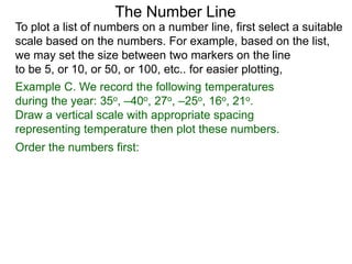 The Number Line
To plot a list of numbers on a number line, first select a suitable
scale based on the numbers. For example, based on the list,
we may set the size between two markers on the line
to be 5, or 10, or 50, or 100, etc.. for easier plotting,
Example C. We record the following temperatures
during the year: 35o, –40o, 27o, –25o, 16o, 21o.
Draw a vertical scale with appropriate spacing
representing temperature then plot these numbers.
Order the numbers first:
 