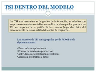 Las TSI son herramientas de gestión de información, su relación con
los procesos- cuentas contables no es directa, sino que los procesos de
TSI son soportes de la gestión de las cuentas (seguridad física del
procesamiento de datos, calidad de copias de resguardo).
Los procesos de TSI son agrupados por la PCAOB de la
siguiente manera:
Desarrollo de aplicaciones
Control de cambios a producción
Actividades de explotación de sistemas
Accesos a programas y datos
 