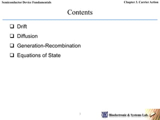 Chapter 3. Carrier Action
Contents
 Drift
 Diffusion
 Generation-Recombination
 Equations of State
3
 