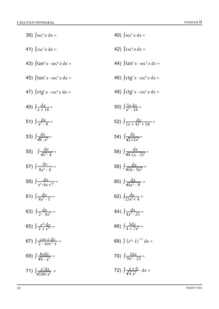 unidad IIcálculo integral
50 dgep-uas
39) ∫sec4
x dx = 40) ∫sec3
x dx =
41) ∫csc3
x dx = 42) ∫csc4
x dx =
43) ∫tan4
x · sec4
x dx = 44) ∫tan5
x · sec2
x dx =
45) ∫tan2
x · sec3
x dx = 46) ∫ctg5
x · csc4
x dx =
47) ∫ctg2
x · csc4
x dx = 48) ∫ctg3
x · csc3
x dx =
49) ∫ =dx
x + 16
50) ∫ =5x dx
x4
- 16
51) ∫ =dx
x2
- 9
52) ∫ =dx
(x + 4)2
+ 16
53) ∫ =dx
9 -x2 54) ∫ =
dx
2+5x2
55) ∫ =
dx
x2
- 4
56) ∫ =
dx
9-(x - 3)2
58) ∫ =dx
16 - 9x2
57) ∫ =
dx
8x2
- 4
59) ∫ =dx
x2
-4x+7
60) ∫ =dx
4x2
- 9
61) ∫ =dx
9x2
- 1
62) ∫ =dx
25x2
+ 4
63) ∫ =dx
2 - 4x2 64) ∫ =dx
4x2
- 25
65) ∫ =e2x
dx
1 + e2x 66) ∫ =3dx
4 + 7x2
67) ∫ =cos x dx
2 - sen 2
x 68) ∫ (e2x
-1)
-1/2
dx =
69) ∫ =4xdx
4 - x4
70) ∫ =3dx
9x2
- 25
71) ∫ =x2
dx
100-x6
72) ∫ dx =x+ 6
4-x2
 