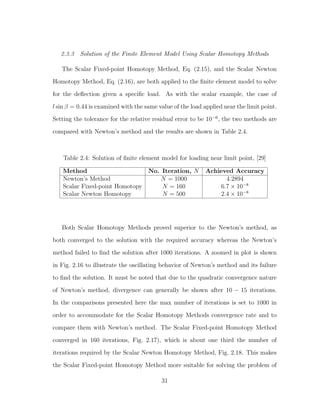 2.3.3 Solution of the Finite Element Model Using Scalar Homotopy Methods
The Scalar Fixed-point Homotopy Method, Eq. (2.15), and the Scalar Newton
Homotopy Method, Eq. (2.16), are both applied to the ﬁnite element model to solve
for the deﬂection given a speciﬁc load. As with the scalar example, the case of
l sin β = 0.44 is examined with the same value of the load applied near the limit point.
Setting the tolerance for the relative residual error to be 10−6
, the two methods are
compared with Newton’s method and the results are shown in Table 2.4.
Table 2.4: Solution of ﬁnite element model for loading near limit point, [29]
Method No. Iteration, N Achieved Accuracy
Newton’s Method N = 1000 4.2894
Scalar Fixed-point Homotopy N = 160 6.7 × 10−8
Scalar Newton Homotopy N = 500 2.4 × 10−8
Both Scalar Homotopy Methods proved superior to the Newton’s method, as
both converged to the solution with the required accuracy whereas the Newton’s
method failed to ﬁnd the solution after 1000 iterations. A zoomed in plot is shown
in Fig. 2.16 to illustrate the oscillating behavior of Newton’s method and its failure
to ﬁnd the solution. It must be noted that due to the quadratic convergence nature
of Newton’s method, divergence can generally be shown after 10 − 15 iterations.
In the comparisons presented here the max number of iterations is set to 1000 in
order to accommodate for the Scalar Homotopy Methods convergence rate and to
compare them with Newton’s method. The Scalar Fixed-point Homotopy Method
converged in 160 iterations, Fig. 2.17), which is about one third the number of
iterations required by the Scalar Newton Homotopy Method, Fig. 2.18. This makes
the Scalar Fixed-point Homotopy Method more suitable for solving the problem of
31
 