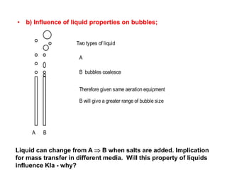 • b) Influence of liquid properties on bubbles;
Two types of liquid
A
B bubbles coalesce
A B
Therefore given same aeration equipment
B will give a greater range of bubble size
Liquid can change from A  B when salts are added. Implication
for mass transfer in different media. Will this property of liquids
influence Kla - why?
 