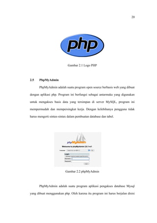 20




                            Gambar 2.1 Logo PHP



2.5    PhpMyAdmin

       PhpMyAdmin adalah suatu program open source berbasis web yang dibuat

dengan aplikasi php. Program ini berfungsi sebagai antarmuka yang digunakan

untuk mengakses basis data yang tersimpan di server MySQL, program ini

mempermudah dan mempersingkat kerja. Dengan kelebihanya pengguna tidak

harus mengerti sintax-sintax dalam pembuatan database dan tabel.




                           Gambar 2.2 phpMyAdmin



       PhpMyAdmin adalah suatu program aplikasi pengakses database Mysql

yang dibuat menggunakan php. Oleh karena itu program ini harus berjalan disisi
 