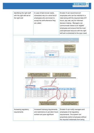 Identifying the right staff
with the right skill set at
the right cost
In case of last-minute needs,
schedulers rely on a short list of
employees who are known to
accept the shift whenever they
are called.
Einstein II can recommend all
employees who can be matched to a
need along with the required data (OT
hours, pay rate, etc) for informed
decision making. Managers can
communicate needs to all “eligible”
employees and ensure that the most
cost-optimized resource with the right
skill set is scheduled to the open need.
Increasing regulatory
requirements
Increased licensing requirements
and restrictions on per-diem hours
worked can pose significant
Einstein II can notify managers and
employees of all regulatory
requirements. The system can
proactively restrict employees without
the required credentials from being
 