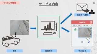 20
発見 画像解析 マッピング
自治体へ連絡
サービス内容
マッピング機能
 