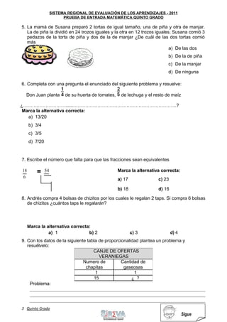 SISTEMA REGIONAL DE EVALUACIÓN DE LOS APRENDIZAJES - 2011
PRUEBA DE ENTRADA MATEMÁTICA QUINTO GRADO
5. La mamá de Susana preparó 2 tortas de igual tamaño, una de piña y otra de manjar.
La de piña la dividió en 24 trozos iguales y la otra en 12 trozos iguales. Susana comió 3
pedazos de la torta de piña y dos de la de manjar ¿De cuál de las dos tortas comió
más
a) De las dos
b) De la de piña
c) De la manjar
d) De ninguna
6. Completa con una pregunta el enunciado del siguiente problema y resuelve:
Don Juan planta de su huerta de tomates, de lechuga y el resto de maíz
¿……….………………......…………………………………………………………..?
Marca la alternativa correcta:
a) 13/20
b) 3/4
c) 3/5
d) 7/20
7. Escribe el número que falta para que las fracciones sean equivalentes
18 = 54 Marca la alternativa correcta:
6
a) 17 c) 23
b) 18 d) 16
8. Andrés compra 4 bolsas de chizitos por los cuales le regalan 2 taps. Si compra 6 bolsas
de chizitos ¿cuántos taps le regalarán?
Marca la alternativa correcta:
a) 1 b) 2 c) 3 d) 4
9. Con los datos de la siguiente tabla de proporcionalidad plantea un problema y
resuélvelo:
CANJE DE OFERTAS
VERANIEGAS
Numero de Cantidad de
chapitas gaseosas
1 1
15 ¿ ?
Problema:
3 Quinto Grado
Sigue
 