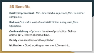 5S Benefits
Quality improvement - Min. defects,Min. rejections,Min. Customer
complaints.
Reduces Cost - Min. cost of material Efficient energy use,Max.
Utilization.
On time delivery - Optimum the rate of production, Deliver
correct QTy,Deliver at correct time.
Safety - No accidents and No pollution .
Motivation - Good working environment,Ownership.
 