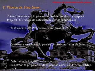 TÉCNICAS DE INSTRUMENTACIÓN MANUAL

2. Técnica de Step-Down:
Primero se ensancha la porción coronal del conducto y después
la apical  ↓ riesgo de extrusión de restos al periápice:
• Instrumentar los 2/3 coronales con limas H, Ø 15 – 35.

• Continuar ensanchando la porción coronal con fresas de Gate.

• Determinar la longitud de trabajo.
• Completar la preparación de la porción apical con la técnica Stepback.

 