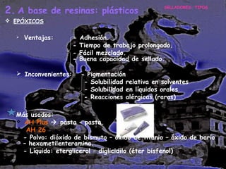 2. A base de resinas: plásticos

SELLADORES: TIPOS

 EPÓXICOS


Ventajas:

 Inconvenientes:

-

Adhesión.
Tiempo de trabajo prolongado.
Fácil mezclado.
Buena capacidad de sellado.
- Pigmentación
- Solubilidad relativa en solventes
- Solubilidad en líquidos orales
- Reacciones alérgicas (raras)

Más usados:
 AH Plus  pasta – pasta.
 AH 26:
- Polvo: dióxido de bismuto – óxido de titanio – óxido de bario
– hexametilenteramina.
- Líquido: eterglicerol – diglicidilo (éter bisfenol)

 