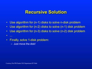 Recursive Solution
Courtesy Prof PR Panda CSE Department IIT Dehi
• Use algorithm for (n-1) disks to solve n-disk problem
• Use algorithm for (n-2) disks to solve (n-1) disk problem
• Use algorithm for (n-3) disks to solve (n-2) disk problem
• ...
• Finally, solve 1-disk problem:
– Just move the disk!
 