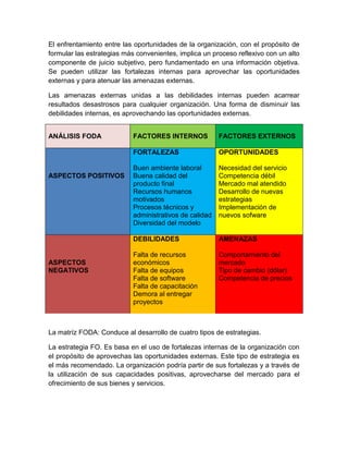 El enfrentamiento entre las oportunidades de la organización, con el propósito de
formular las estrategias más convenientes, implica un proceso reflexivo con un alto
componente de juicio subjetivo, pero fundamentado en una información objetiva.
Se pueden utilizar las fortalezas internas para aprovechar las oportunidades
externas y para atenuar las amenazas externas.
Las amenazas externas unidas a las debilidades internas pueden acarrear
resultados desastrosos para cualquier organización. Una forma de disminuir las
debilidades internas, es aprovechando las oportunidades externas.
ANÁLISIS FODA FACTORES INTERNOS FACTORES EXTERNOS
ASPECTOS POSITIVOS
FORTALEZAS
Buen ambiente laboral
Buena calidad del
producto final
Recursos humanos
motivados
Procesos técnicos y
administrativos de calidad
Diversidad del modelo
OPORTUNIDADES
Necesidad del servicio
Competencia débil
Mercado mal atendido
Desarrollo de nuevas
estrategias
Implementación de
nuevos sofware
ASPECTOS
NEGATIVOS
DEBILIDADES
Falta de recursos
económicos
Falta de equipos
Falta de software
Falta de capacitación
Demora al entregar
proyectos
AMENAZAS
Comportamiento del
mercado
Tipo de cambio (dólar)
Competencia de precios
La matríz FODA: Conduce al desarrollo de cuatro tipos de estrategias.
La estrategia FO. Es basa en el uso de fortalezas internas de la organización con
el propósito de aprovechas las oportunidades externas. Este tipo de estrategia es
el más recomendado. La organización podría partir de sus fortalezas y a través de
la utilización de sus capacidades positivas, aprovecharse del mercado para el
ofrecimiento de sus bienes y servicios.
 