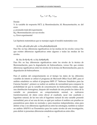 MAESTRÍA EN ECOTECNOLOGÍA

Yijklm    Bijkl   ijklm

Donde:
Y: la variable de respuesta HCT, ij: Bioestimulación, kl: Bioaumentación, m: del
error.
µ: promedio total del experimento
Bijkl: Biorremediación con sus niveles
m: Error experimental
Las hipótesis matemáticas que se manejan según el modelo matemático son:
A) Ho: µBi=µBj=µBk=µBl vs Ha:µBi≠µBj≠µBk≠µBl
Para Ho: no hay diferencias significativas en las medias de los niveles versus Ha:
que existen diferencias significativas entre algunos o todas las medias de los
niveles.
B) Ho: Bi=Bj=Bk=Bl vs Ha: Bi≠Bj≠Bk≠Bl
Para Ho: no hay diferencias significativas entre los niveles de la técnica de
Biorremediación, para la degradación de hidrocarburos, versus Ha: que existen
diferencias significativas entre los niveles de la técnica de Biorremediación, para la
degradación de hidrocarburos.
Para el análisis del comportamiento en el tiempo los datos de las diferentes
variables de interés se utilizó el programa de Microsoft Office Excel 2007, para el
análisis estadístico se utilizó el programa SSPS 17 “Software Estadístico para las
Ciencias Sociales”, primero se realizó un análisis de normalidad para comparar la
probabilidad de que la variable de concentración de hidrocarburos totales, sigue
una distribución homogénea, después del resultado de esta prueba los datos de la
variable no presentaron un comportamiento normal, se realizaron
transformaciones de datos como elevar al cuadrado, sacar raíz cuadrada y
logaritmo natural, de las tres solo el logaritmo natural de esta variable presentó
normalidad, pero al ser una de tres, se optó por realizar el análisis con pruebas no
paramétricas para datos no normales y para muestras independientes, estas para
definir si hay o no diferencias significativas entre las estrategias, también se realizó
un análisis ANOVA no Paramétrico para los cuatro niveles de esta investigación,
para definir si presentan diferencias estadísticas significativas entre ellos.
36

 
