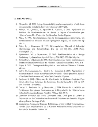 MAESTRÍA EN ECOTECNOLOGÍA

12 BIBLIOGRAFÍA
1. Alexander, M. 2000. Aging, bioavailability and overestimation of risk from
environmental pollutants. Env. Sci.Technol. 34:4259-4265.
2. Arroyo, M., Quesada, E., Quesada R., Geocisa, J. 2001. Aplicación de
Sistemas de Biorremediación de Suelos y Aguas Contaminadas por
Hidrocarburos. Div. Protección Ambiental de Suelos. España.
3. Atlas, R. 1996. Bioestimulación para la biorrecuperación microbiana. En:
Biotratamiento de residuos tóxicos y peligrosos. España, Mc Graw Hill. Pp
15 – 21.
4. Atlas, R., y Unterman, R. 1999. Bioremediation. Manual of Industrial
Microbiology and Biotechnology. 2nd Ed (pp 666-681). ASM Press.
Washington D.C.
5. Ayotamuno, M., y Okparanma, N. 2007. Bio-Remediation of a Sludge
Containing Hydrocarbons. Applied Energy Vol. 84(9): 936-946. Nigeria.
6. Benavides, L. y Quintero, G. 2006. Biorremediación de Suelos Contaminados
con Hidrocarburos Derivados del Petróleo. Publicación Científica Nova 4: 4.
7. Boyer, R. 2000. Conceptos de Bioquímica. International Thomson Editores.
México.
8. Calvo, C., Manzanera, M., Castro, S., González, J. 2009. Application of
bioemulsifiers in soil oil bioremediation processes. Future prospects. Science
of the Total Environment 407, 3634–3640 Granada, España.
9. Cardona, S. 2002. Obtención del Coeficiente de Carbono Orgánico Para
Diesel a través de Isotermas de Adsorción. Revista Dyna, Nro. 153, pp 159165. Medellín – Colombia.
10. Castro, L., Perdomo, M., y Benavides, J. 2004. Efecto de la Adición de
Fertilizantes Inorgánicos Compuestos en la Degradación de Hidrocarburos
en Suelos Contaminados con Petróleo. NOVA, 2(2): 39-49.
11. Comisión Nacional del Medio Ambiente. 1999. Guía para el Control y
Prevención de la Contaminación Industrial Estaciones de Servicio. Región
Metropolitana. Santiago. Chile.
12. Corporación Autónoma Regional de Risaralda y Universidad Tecnológica de
Pereira. 2007. Mejoramiento de la Gestión Ambiental de las Estaciones de
Servicio de Risaralda. Pereira: 20.

90

 