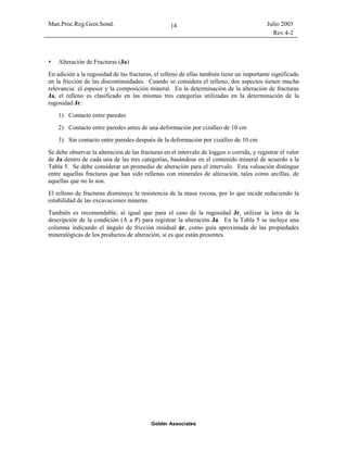 Man.Proc.Reg.Geot.Sond. Julio 2003
Rev.4-2
Golder Associates
14
Alteración de Fracturas (Ja)
En adición a la rugosidad de las fracturas, el relleno de ellas también tiene un importante significado
en la fricción de las discontinuidades. Cuando se considera el relleno, dos aspectos tienen mucha
relevancia: el espesor y la composición mineral. En la determinación de la alteración de fracturas
Ja, el relleno es clasificado en las mismas tres categorías utilizadas en la determinación de la
rugosidad Jr:
1) Contacto entre paredes
2) Contacto entre paredes antes de una deformación por cizalleo de 10 cm
3) Sin contacto entre paredes después de la deformación por cizalleo de 10 cm
Se debe observar la alteración de las fracturas en el intervalo de loggeo o corrida, y registrar el valor
de Ja dentro de cada una de las tres categorías, basándose en el contenido mineral de acuerdo a la
Tabla 5. Se debe considerar un promedio de alteración para el intervalo. Esta valuación distingue
entre aquellas fracturas que han sido rellenas con minerales de alteración, tales como arcillas, de
aquellas que no lo son.
El relleno de fracturas disminuye la resistencia de la masa rocosa, por lo que incide reduciendo la
estabilidad de las excavaciones mineras.
También es recomendable, al igual que para el caso de la rugosidad Jr, utilizar la letra de la
descripción de la condición (A a P) para registrar la alteración Ja. En la Tabla 5 se incluye una
columna indicando el ángulo de fricción residual φr, como guía aproximada de las propiedades
mineralógicas de los productos de alteración, si es que están presentes.
 