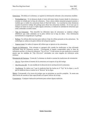 Man.Proc.Reg.Geot.Sond. Julio 2003
Rev.4-2
Golder Associates
33
Estructuras. Dividida en 4 columnas, se registra la información referente a las estructuras medidas:
− Profundidad (m): Es la distancia desde el inicio del tramo hasta el punto donde la estructura a
orientar es cortada por la línea de referencia. Estos valores deben aumentar progresivamente a
medida que se miden las estructuras hasta el final del tramo. La exactitud en estas distancias
ayudará al posterior trabajo del geólogo para ubicar las estructuras medidas. En el caso que se
indique un tramo en el que se repite alguna estructura, se indicará la cantidad de estructuras que
están contenidas en dicho tramo.
− Tipo de Estructura: Para describir los diferentes tipos de estructuras se emplean códigos
alfabéticos que están señalados en la parte inferior de la hoja de datos. Esta información
normalmente es asignada por el geólogo.
− Relleno: Se utilizan abreviaciones para indicar el tipo de relleno presente en las estructuras. Su
simbología se señala en la parte inferior de la hoja de registro.
− Espesor (mm): Se indica el espesor del relleno que se aprecia en las estructuras.
Ángulo de Referencia: Esta columna se agregará sólo cuando las mediciones se han efectuado
utilizando línea de referencia auxiliar. Corresponde al ángulo comprendido entre la línea de
referencia auxiliar y la línea de referencia “Top of Core”. Evitar errores en esta medición es esencial
puesto que las medidas de “Dip Direction” calculadas con estos ángulos de referencia serán
erróneas.
Orientación de Fracturas. Consta de 3 columnas en donde se anotan las mediciones de orientación:
− Dip (α). Equivalente al manteo de la estructura con respecto al eje del testigo.
− Dip Direction (β). Es una medida de la dirección de la inclinación de la estructura.
− Top/Bottom: Se indica con T que la medición beta fue hecha en el “Top” de la elipse y con B
que la medición beta se realizó en el “Bottom” de la elipse.
Matriz: Corresponde a los trozos de testigos que no presentan su sección completa. Se anota una
abreviación de acuerdo al tipo especificado en la parte inferior de la hoja.
Comentarios: Cualquier indicación pertinente para aclarar alguna medición.
 