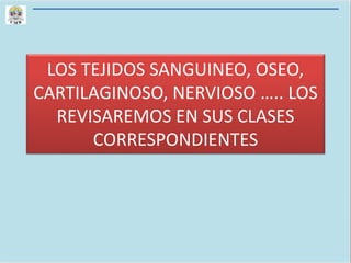 LOS TEJIDOS SANGUINEO, OSEO,
CARTILAGINOSO, NERVIOSO ….. LOS
REVISAREMOS EN SUS CLASES
CORRESPONDIENTES
 