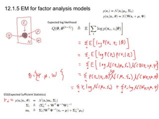 12.1.5 EM for factor analysis models
Expected log likelihood

ESS(Expected Sufficient Statistics)

 