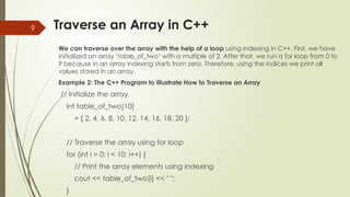 9 Traverse an Array in C++
We can traverse over the array with the help of a loop using indexing in C++. First, we have
initialized an array ‘table_of_two’ with a multiple of 2. After that, we run a for loop from 0 to
9 because in an array indexing starts from zero. Therefore, using the indices we print all
values stored in an array.
Example 2: The C++ Program to Illustrate How to Traverse an Array
// Initialize the array
int table_of_two[10]
= { 2, 4, 6, 8, 10, 12, 14, 16, 18, 20 };
// Traverse the array using for loop
for (int i = 0; i < 10; i++) {
// Print the array elements using indexing
cout << table_of_two[i] << " ";
}
 