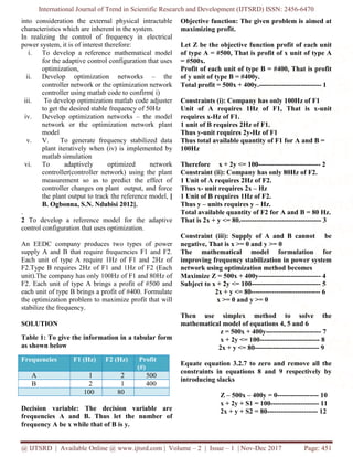 International Journal of Trend in Scientific Research and Development (IJTSRD) ISSN: 2456-6470
@ IJTSRD | Available Online @ www.ijtsrd.com | Volume – 2 | Issue – 1 | Nov-Dec 2017 Page: 451
into consideration the external physical intractable
characteristics which are inherent in the system.
In realizing the control of frequency in electrical
power system, it is of interest therefore:
i. To develop a reference mathematical model
for the adaptive control configuration that uses
optimization,
ii. Develop optimization networks – the
controller network or the optimization network
controller using matlab code to confirm( i)
iii. To develop optimization matlab code adjuster
to get the desired stable frequency of 50Hz
iv. Develop optimization networks – the model
network or the optimization network plant
model
v. V. To generate frequency stabilized data
plant iteratively when (iv) is implemented by
matlab simulation
vi. To adaptively optimized network
controller(controller network) using the plant
measurement so as to predict the effect of
controller changes on plant output, and force
the plant output to track the reference model, [
B. Ogbonna, S.N. Ndubisi 2012].
.
2 To develop a reference model for the adaptive
control configuration that uses optimization.
An EEDC company produces two types of power
supply A and B that require frequencies F1 and F2.
Each unit of type A require 1Hz of F1 and 2Hz of
F2.Type B requires 2Hz of F1 and 1Hz of F2 (Each
unit).The company has only 100Hz of F1 and 80Hz of
F2. Each unit of type A brings a profit of #500 and
each unit of type B brings a profit of #400. Formulate
the optimization problem to maximize profit that will
stabilize the frequency.
SOLUTION
Table 1: To give the information in a tabular form
as shown below
Frequencies F1 (Hz) F2 (Hz) Profit
(#)
A 1 2 500
B 2 1 400
100 80
Decision variable: The decision variable are
frequencies A and B. Thus let the number of
frequency A be x while that of B is y.
Objective function: The given problem is aimed at
maximizing profit.
Let Z be the objective function profit of each unit
of type A = #500, That is profit of x unit of type A
= #500x.
Profit of each unit of type B = #400, That is profit
of y unit of type B = #400y.
Total profit = 500x + 400y.--------------------------- 1
Constraints (i): Company has only 100Hz of F1
Unit of A requires 1Hz of F1, That is x-unit
requires x-Hz of F1.
1 unit of B requires 2Hz of F1.
Thus y-unit requires 2y-Hz of F1
Thus total available quantity of F1 for A and B =
100Hz
Therefore x + 2y <= 100--------------------------- 2
Constraint (ii): Company has only 80Hz of F2.
1 Unit of A requires 2Hz of F2.
Thus x- unit requires 2x – Hz
1 Unit of B requires 1Hz of F2.
Thus y – units requires y – Hz.
Total available quantity of F2 for A and B = 80 Hz.
That is 2x + y <= 80.----------------------------------- 3
Constraint (iii): Supply of A and B cannot be
negative, That is x >= 0 and y >= 0
The mathematical model formulation for
improving frequency stabilization in power system
network using optimization method becomes
Maximize Z = 500x + 400y--------------------------- 4
Subject to x + 2y <= 100------------------------------ 5
2x + y <= 80------------------------------ 6
x >= 0 and y >= 0
Then use simplex method to solve the
mathematical model of equations 4, 5 and 6
z = 500x + 400y------------------------ 7
x + 2y <= 100-------------------------- 8
2x + y <= 80---------------------------- 9
Equate equation 3.2.7 to zero and remove all the
constraints in equations 8 and 9 respectively by
introducing slacks
Z – 500x – 400y = 0------------------ 10
x + 2y + S1 = 100--------------------- 11
2x + y + S2 = 80---------------------- 12
 