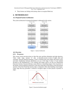 International Journal of Managing Public Sector Information and Communication Technologies (IJMPICT)
• These features are linking
4. METHODOLOGY
4.1. Proposed System Architecture
The system architecture for proposed technique is elaborated in this section
4.2. Overview
4.2.1. Pre-process
This section consist pre-processing on video like noise and blur elimination and edge detection.
Video holds huge amount of data at dissimilar levels in terms of sights, shots and
surrounds. Gaussian filtering technique is used to eliminate blur from images and rem
and detail. Graphically Gaussian distribution can see as bell shape if mean is 0 and standard
deviation of the distributionσ =1. For working with images need to use the two dimensional
Gaussians function. Gaussian filtering is
the human visual recognition framework. It has been found that in the human visual discernment
structure. It has been found that neurons make a comparative filter when handling visual images.
Canny edge discovery procedure is utilized to recognize edges of items present in pictures or
edges.
Figure 2. Gaussian distribution graph
International Journal of Managing Public Sector Information and Communication Technologies (IJMPICT)
Vol. 7, No. 3, September 2016
These features are linking with training videos to recognize Hindi text.
Proposed System Architecture
The system architecture for proposed technique is elaborated in this section.
Figure 1. System Architecture
processing on video like noise and blur elimination and edge detection.
Video holds huge amount of data at dissimilar levels in terms of sights, shots and
surrounds. Gaussian filtering technique is used to eliminate blur from images and rem
and detail. Graphically Gaussian distribution can see as bell shape if mean is 0 and standard
=1. For working with images need to use the two dimensional
Gaussians function. Gaussian filtering is more effective at smoothing images. It has its premise in
the human visual recognition framework. It has been found that in the human visual discernment
structure. It has been found that neurons make a comparative filter when handling visual images.
edge discovery procedure is utilized to recognize edges of items present in pictures or
Figure 2. Gaussian distribution graph
0
0.1
0.2
0.3
0.4
0.5
-4 -2 0 2 4
Gaussian Function G(x)
International Journal of Managing Public Sector Information and Communication Technologies (IJMPICT)
6
processing on video like noise and blur elimination and edge detection.
Video holds huge amount of data at dissimilar levels in terms of sights, shots and
surrounds. Gaussian filtering technique is used to eliminate blur from images and remove noise
and detail. Graphically Gaussian distribution can see as bell shape if mean is 0 and standard
=1. For working with images need to use the two dimensional
more effective at smoothing images. It has its premise in
the human visual recognition framework. It has been found that in the human visual discernment
structure. It has been found that neurons make a comparative filter when handling visual images.
edge discovery procedure is utilized to recognize edges of items present in pictures or
 