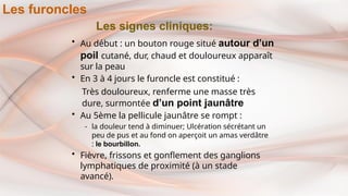 Les signes cliniques:
• Au début : un bouton rouge situé autour d’un
poil cutané, dur, chaud et douloureux apparaît
sur la peau
• En 3 à 4 jours le furoncle est constitué :
Très douloureux, renferme une masse très
dure, surmontée d’un point jaunâtre
• Au 5ème la pellicule jaunâtre se rompt :
- la douleur tend à diminuer; Ulcération sécrétant un
peu de pus et au fond on aperçoit un amas verdâtre
: le bourbillon.
• Fièvre, frissons et gonflement des ganglions
lymphatiques de proximité (à un stade
avancé).
Les furoncles
 