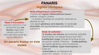 PANARIS
Signes cliniques
Stade d’inoculation :
souvent méconnu, il se
caractérise par une
douleur aiguë vite
calmée, suivi d’un
intervalle libre avant les
signes infectieux.
Stade phlegmasique (catarrhale) :
il existe des signes inflammatoires locaux :
œdème, rougeur, chaleur
La douleur localisée est modérée, atténuée ou
absente la nuit.
Les signes généraux sont absents. Ce stade est
réversible, soit spontanément, soit du fait du
traitement.
Stade de collection :
la douleur est intense, permanente, pulsatile,
insomniante. Les signes locaux sont nets :
tuméfaction rouge, chaude et tendue (le pus
est parfois visible). Présence d'adénopathies,
Les signes généraux sont inconstants
(fièvre modérée, hyper leucocytose). Ce
stade est
irréversible et, en l’absence de
traitement adapté, conduit aux
Un panaris évolue en trois
stades
 
