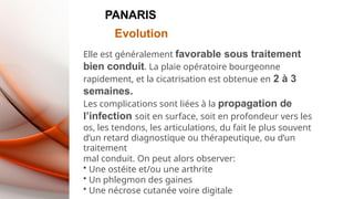 PANARIS
Evolution
Elle est généralement favorable sous traitement
bien conduit. La plaie opératoire bourgeonne
rapidement, et la cicatrisation est obtenue en 2 à 3
semaines.
Les complications sont liées à la propagation de
l’infection soit en surface, soit en profondeur vers les
os, les tendons, les articulations, du fait le plus souvent
d’un retard diagnostique ou thérapeutique, ou d’un
traitement
mal conduit. On peut alors observer:
• Une ostéite et/ou une arthrite
• Un phlegmon des gaines
• Une nécrose cutanée voire digitale
 
