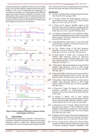 International Journal of Trend in Scientific Research and Development (IJTSRD) @ www.ijtsrd.com eISSN: 2456-6470
@ IJTSRD | Unique Paper ID – IJTSRD29823 | Volume – 4 | Issue – 2 | January-February 2020 Page 31
A random step loads are applied to all three areas according
to Fig. 12(a). System frequency response and tie-line power
changes, in the case of comparing the performance of
conventional controllers versusparticipationoftheRDR and
supervisory fuzzy-PI-based coordinator are given in Fig.
12(b) and Fig. 12(c), respectively. Theobtainedresultsshow
that the designed method can ensure a good performance in
a multi-area power system in the existence of random step
load changes and wind power fluctuations.
0 50 100 150 200 250 300
-20
0
20
40
60
Time (s)
Delta_PLoad(MW)
Area1
Area2
Area3
(a)
0 50 100 150 200 250 300
-0.2
-0.1
0
0.1
0.2
Time (s)
Delta_f(Hz)
Conventional PI
Conventional PI& RDR
Conventional PI& RDR & Supervisory coordinator
(b)
0 50 100 150 200 250 300
-0.1
0
0.1
Time (s)
Delta_Ptie_1(pu)
Conventional PI
Conventional PI& RDR
Conventional PI& RDR & Supervisory coordinator
0 50 100 150 200 250 300
-0.2
-0.1
0
0.1
0.2
Time (s)
Delta_Ptie_2(pu)
Conventional PI
Conventional PI& RDR
Conventional PI& RDR & Supervisory coordinator
0 50 100 150 200 250 300
-0.2
-0.1
0
0.1
0.2
Time (s)
Delta_Ptie_3(pu)
Conventional PI
Conventional PI& RDR
Conventional PI& RDR & Supervisory coordinator
(c)
Fig.12: System response following a sequence of step
load changes in all areas
VI. CONCLUSIONS
A fuzzy-PI-based supervisory controller is introduced as a
coordinator between the demand response and secondary
frequency control to adjust the responsive generators
according to the amount of regulation provided by the RDR.
This coordinator will covernotonlythesystemuncertainties
but also time delay side effects of the RDR scheme.
REFERENCES
[1] B H. Bevrani, Robust Power SystemFrequencyControl.
New York, NY, USA: Springer, 2009.
[2] N. Chuang, “Robust H∞	 load-frequency control in
interconnected power systems,” IET	 Control	 Theory	
Appl., vol. 10, no. 1, pp. 67–75, 2016.
[3] S. Snmez and S. Ayasun, “Stability region in the
parameter space of PI controller for a single-area load
frequency control system with time delay,”IEEE	Trans.	
Power	Syst., vol. 31, no. 1, pp. 829–830, Jan. 2016.
[4] C.-K. Zhang, L. Jiang, Q. Wu, Y. He, and M. Wu, “Delay-
dependent robustloadfrequencycontrol fortimedelay
power systems,” IEEE	Trans.	Power	Syst., vol. 28, no. 3,
pp. 2192–2201, Aug. 2013.
[5] A. Khodabakhshian and M. Edrisi, “A new robust PID
load frequency controller,” Control	Eng.	Pract., vol. 16,
no. 9, pp. 1069–1080, 2008.
[6] W. Tan, “Unified tuning of PID load frequency
controller for power systems via IMC,” IEEE	 Trans.,	
Power	Syst., vol. 25, no. 1, pp. 341–350, Feb. 2010.
[7] R. Vijaya Santhi, K. Sudha, and S. Prameela Devi,
“Robust load frequency control of multi-area
interconnected system including SMES units using
type-2 fuzzy controller,” in Proc.	2013	IEEE	Int.	Conf.	
Fuzzy	Syst.,	2013, pp. 1–7.
[8] C. Boonchuay, “Improving regulation service basedon
adaptive load frequency control in LMP energy
market,” IEEE	Trans.	Power	Syst., vol.29,no.2,pp.988–
989, Mar. 2014.
[9] S. Nag and N. Philip, “Application of neural networksto
automatic load frequency control,” in Proc.	Int.	Conf.	
Control,	Instrum.,	Energy	Commun., 2014, pp. 345–350.
[10] C. Boonchuay, “Improving regulation service based on
adaptive load frequency control in LMP energy
market,” IEEE	Trans.	Power	Syst., vol.29,no.2,pp.988–
989, Mar. 2014.
[11] L. Dong and Y. Zhang, “On design of a robust load
frequency controller for interconnected power
systems,” in Proc.	Amer.	Control	Conf.,	2010, 2010, pp.
1731–1736.
[12] H. Bevrani, Y. Mitani, and K. Tsuji, “Robust
decentralized load-frequencycontrol usinganiterative
linear matrix inequalities algorithm,” IEE	Proc.-Gener.,	
Transm.	Distrib., vol. 151, no. 3, pp. 347–354, 2004.
[13] A. Bensenouci and A. A. Ghany, “Mixed H∞/H2 with
pole-placement design of robust LMI-based output
feedback controllers for multi-area load frequency
control,” in Proc.	EUROCON	2007—Int.	Conf.	Comput.	
Tool, 2007, pp. 1561–1566.
[14] M. Rahmani and N. Sadati, “Hierarchical optimal robust
load-frequency control for power systems,” IET	Gener.,	
Transm.	Distrib., vol. 6, no. 4, pp. 303–312, Apr. 2012.
[15] W. Yao, L. Jiang, Q. Wu, J. Wen, and S. Cheng, “Delay-
dependent stability analysis of the power system with
a wide-area damping controller embedded,” IEEE	
 