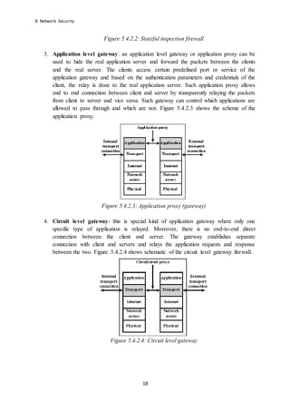 8. Network Security
18
Figure 5.4.2.2: Stateful inspection firewall
3. Application level gateway: an application level gateway or application proxy can be
used to hide the real application server and forward the packets between the clients
and the real server. The clients access certain predefined port or service of the
application gateway and based on the authentication parameters and credentials of the
client, the relay is done to the real application server. Such application proxy allows
end to end connection between client and server by transparently relaying the packets
from client to server and vice versa. Such gateway can control which applications are
allowed to pass through and which are not. Figure 5.4.2.3 shows the scheme of the
application proxy.
Figure 5.4.2.3: Application proxy (gateway)
4. Circuit level gateway: this is special kind of application gateway where only one
specific type of application is relayed. Moreover, there is no end-to-end direct
connection between the client and server. The gateway establishes separate
connection with client and servers and relays the application requests and response
between the two. Figure 5.4.2.4 shows schematic of the circuit level gateway firewall.
Figure 5.4.2.4: Circuit level gateway
 