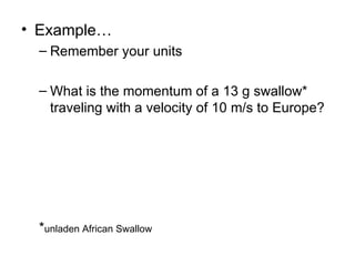 Example… Remember your units What is the momentum of a 13 g swallow* traveling with a velocity of 10 m/s to Europe?  * unladen African Swallow   
