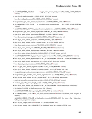Ring Documentation, Release 1.5.3
• ALLEGRO_EVENT_SOURCE *al_get_audio_stream_event_source(ALLEGRO_AUDIO_STREAM
*stream)
• void al_drain_audio_stream(ALLEGRO_AUDIO_STREAM *stream)
• bool al_rewind_audio_stream(ALLEGRO_AUDIO_STREAM *stream)
• unsigned int al_get_audio_stream_frequency(const ALLEGRO_AUDIO_STREAM *stream)
• ALLEGRO_CHANNEL_CONF al_get_audio_stream_channels(const ALLEGRO_AUDIO_STREAM
*stream)
• ALLEGRO_AUDIO_DEPTH al_get_audio_stream_depth(const ALLEGRO_AUDIO_STREAM *stream)
• unsigned int al_get_audio_stream_length(const ALLEGRO_AUDIO_STREAM *stream)
• ﬂoat al_get_audio_stream_speed(const ALLEGRO_AUDIO_STREAM *stream)
• bool al_set_audio_stream_speed(ALLEGRO_AUDIO_STREAM *stream, ﬂoat val)
• ﬂoat al_get_audio_stream_gain(const ALLEGRO_AUDIO_STREAM *stream)
• bool al_set_audio_stream_gain(ALLEGRO_AUDIO_STREAM *stream, ﬂoat val)
• ﬂoat al_get_audio_stream_pan(const ALLEGRO_AUDIO_STREAM *stream)
• bool al_set_audio_stream_pan(ALLEGRO_AUDIO_STREAM *stream, ﬂoat val)
• bool al_get_audio_stream_playing(const ALLEGRO_AUDIO_STREAM *stream)
• bool al_set_audio_stream_playing(ALLEGRO_AUDIO_STREAM *stream, bool val)
• ALLEGRO_PLAYMODE al_get_audio_stream_playmode(const ALLEGRO_AUDIO_STREAM *stream)
• bool al_set_audio_stream_playmode(ALLEGRO_AUDIO_STREAM *stream,ALLEGRO_PLAYMODE val)
• bool al_get_audio_stream_attached(const ALLEGRO_AUDIO_STREAM *stream)
• bool al_detach_audio_stream(ALLEGRO_AUDIO_STREAM *stream)
• void *al_get_audio_stream_fragment(const ALLEGRO_AUDIO_STREAM *stream)
• bool al_set_audio_stream_fragment(ALLEGRO_AUDIO_STREAM *stream, void *val)
• unsigned int al_get_audio_stream_fragments(const ALLEGRO_AUDIO_STREAM *stream)
• unsigned int al_get_available_audio_stream_fragments(const ALLEGRO_AUDIO_STREAM *stream)
• bool al_seek_audio_stream_secs(ALLEGRO_AUDIO_STREAM *stream, double time)
• double al_get_audio_stream_position_secs(ALLEGRO_AUDIO_STREAM *stream)
• double al_get_audio_stream_length_secs(ALLEGRO_AUDIO_STREAM *stream)
• bool al_set_audio_stream_loop_secs(ALLEGRO_AUDIO_STREAM *stream,double start, double end)
• ALLEGRO_SAMPLE *al_load_sample(const char *ﬁlename)
• ALLEGRO_SAMPLE al_load_sample_f(ALLEGRO_FILE fp, const char *ident)
• ALLEGRO_AUDIO_STREAM *al_load_audio_stream(const char *ﬁlename,size_t buffer_count, unsigned int
samples)
• ALLEGRO_AUDIO_STREAM al_load_audio_stream_f(ALLEGRO_FILE fp, const char *ident,size_t
buffer_count, unsigned int samples)
• bool al_save_sample(const char *ﬁlename, ALLEGRO_SAMPLE *spl)
• bool al_save_sample_f(ALLEGRO_FILE *fp, const char *ident, ALLEGRO_SAMPLE *spl)
823
 