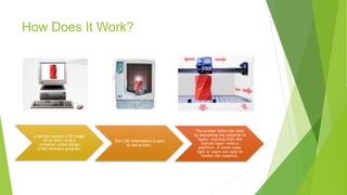 How Does It Work?
A person creates a 3D image
of an item using a
computer-aided design
(CAD) software program.
The CAD information is sent
to the printer.
The printer forms the item
by depositing the material in
layers—starting from the
bottom layer—onto a
platform. In some cases
light or lasers are used to
harden the material.
 