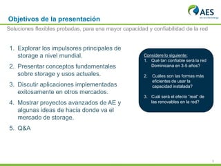 3
Objetivos de la presentación
Soluciones flexibles probadas, para una mayor capacidad y confiabilidad de la red
1. Explorar los impulsores principales de
storage a nivel mundial.
2. Presentar conceptos fundamentales
sobre storage y usos actuales.
3. Discutir aplicaciones implementadas
exitosamente en otros mercados.
4. Mostrar proyectos avanzados de AE y
algunas ideas de hacia donde va el
mercado de storage.
5. Q&A
Considere lo siguiente:
1. Qué tan confiable será la red
Dominicana en 3-5 años?
2. Cuáles son las formas más
eficientes de usar la
capacidad instalada?
3. Cuál será el efecto “real” de
las renovables en la red?
 