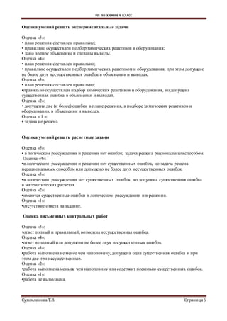 РП ПО ХИМИИ 9 КЛАСС
Сухомлинова Т.В. Страница6
Оценка умений решать экспериментальные задачи
Оценка «5»:
• план решения составлен правильно;
• правильно осуществлен подбор химических реактивов и оборудования;
• дано полное объяснение и сделаны выводы.
Оценка «4»:
• план решения составлен правильно;
• правильно осуществлен подбор химических реактивом и оборудования, при этом допущено
не более двух несущественных ошибок в объяснении и выводах.
Оценка «3»:
• план решения составлен правильно;
•правильно осуществлен подбор химических реактивов и оборудования, но допущена
существенная ошибка в объяснении и выводах.
Оценка «2»:
• допущены две (и более) ошибки в плане решения, в подборе химических реактивов и
оборудования, в объяснении и выводах.
Оценка « 1 »:
• задача не решена.
Оценка умений решать расчетные задачи
Оценка «5»:
• в логическом рассуждении и решении нет ошибок, задача решена рациональным способом.
Оценка «4»:
•в логическом рассуждении и решении нет существенных ошибок, но задача решена
нерациональным способом или допущено не более двух несущественных ошибок.
Оценка «3»:
•в логическом рассуждении нет существенных ошибок, но допущена существенная ошибка
в математических расчетах.
Оценка «2»:
•имеются существенные ошибки в логическом рассуждении и в решении.
Оценка «1»:
•отсутствие ответа на задание.
Оценка письменных контрольных работ
Оценка «5»:
•ответ полный и правильный, возможна несущественная ошибка.
Оценка «4»:
•ответ неполный или допущено не более двух несущественных ошибок.
Оценка «3»:
•работа выполнена не менее чем наполовину, допущена одна существенная ошибка и при
этом две-три несущественные.
Оценка «2»:
•работа выполнена меньше чем наполовинуили содержит несколько существенных ошибок.
Оценка «1»:
•работа не выполнена.
 