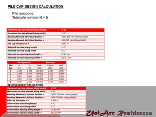 _ Arrangement Reaction
Pile
No.
X
(m)
Y
(m)
Axial
(kN)
Lateral
(kN)
Uplift
(kN)
1 -1.299 -0.750 -309.036 0.232 0.000
2 -1.299 0.750 -308.922 0.232 0.000
3 0.000 0.000 -309.037 0.232 0.000
4 1.299 0.750 -309.038 0.232 0.000
5 1.299 -0.750 -309.152 0.232 0.000
Maximum bar size allowed along length # 32
Maximum bar size allowed along width # 20
Bending Moment At Critical Section = -1007.520 kNm (Along Length)
Bending Moment At Critical Section = -509.797 kNm (Along Width)
Pile Cap Thickness t = 0.842 m
Selected bar size along length # 12
Selected bar size along width # 12
Selected bar spacing along length = 79.60 mm
Selected bar spacing along width = 102.53 mm
PILE CAP DESIGN CALCULATION
Pile reactions:
Total pile number N = 5
REINFORCEMENT CALCULATION
Maximum bar size allowed along length # 32
Maximum bar size allowed along width # 20
Bending Moment At Critical Section = -1007.520 kNm (Along Length)
Bending Moment At Critical Section = -509.797 kNm (Along Width)
Pile Cap Thickness t = 0.842 m
Selected bar size along length # 12
Selected bar size along width # 12
Selected bar spacing along length = 79.60 mm
Selected bar spacing along width = 102.53 mm
 
