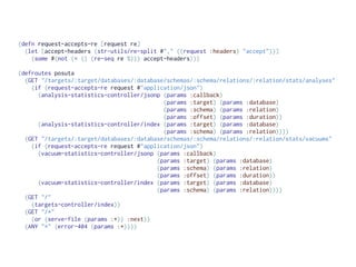 (defn request-accepts-re [request re]
  (let [accept-headers (str-utils/re-split #"," ((request :headers) "accept"))]
    (some #(not (= () (re-seq re %))) accept-headers)))

(defroutes posuta
  (GET "/targets/:target/databases/:database/schemas/:schema/relations/:relation/stats/analyses"
    (if (request-accepts-re request #"application/json")
      (analysis-statistics-controller/jsonp (params :callback)
                                            (params :target) (params :database)
                                            (params :schema) (params :relation)
                                            (params :offset) (params :duration))
      (analysis-statistics-controller/index (params :target) (params :database)
                                            (params :schema) (params :relation))))
  (GET "/targets/:target/databases/:database/schemas/:schema/relations/:relation/stats/vacuums"
    (if (request-accepts-re request #"application/json")
      (vacuum-statistics-controller/jsonp (params :callback)
                                          (params :target) (params :database)
                                          (params :schema) (params :relation)
                                          (params :offset) (params :duration))
      (vacuum-statistics-controller/index (params :target) (params :database)
                                          (params :schema) (params :relation))))
  (GET "/"
    (targets-controller/index))
  (GET "/*"
    (or (serve-file (params :*)) :next))
  (ANY "*" (error-404 (params :*))))
 