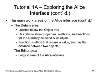 Tutorial 1A – Exploring the Alice
Interface (cont’d.)
•  The main work areas of the Alice interface (cont’d.)
–  The Details area
•  Located below the Object tree
•  Has tabs to show properties, methods, and functions
for the currently selected Alice object
•  Function: method that returns a value, such as the
distance between two objects
–  The Editor area
•  Largest area of the Alice interface
An Introduction to Programming Using Alice 2.2, Second Edition 14
 