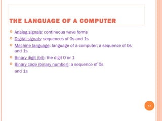 THE LANGUAGE OF A COMPUTER
 Analog signals: continuous wave forms
 Digital signals: sequences of 0s and 1s
 Machine language: language of a computer; a sequence of 0s
and 1s
 Binary digit (bit): the digit 0 or 1
 Binary code (binary number): a sequence of 0s
and 1s
17
C++ Programming: From Problem Analysis to Program Design, Seventh Edition
 