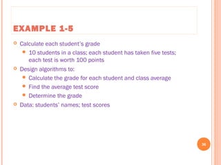 EXAMPLE 1-5
 Calculate each student’s grade
 10 students in a class; each student has taken five tests;
each test is worth 100 points
 Design algorithms to:
 Calculate the grade for each student and class average
 Find the average test score
 Determine the grade
 Data: students’ names; test scores
36
C++ Programming: From Problem Analysis to Program Design, Seventh Edition
 