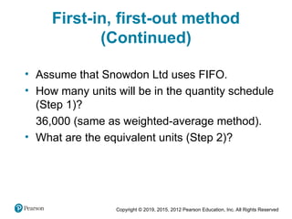 Copyright © 2019, 2015, 2012 Pearson Education, Inc. All Rights Reserved
• Assume that Snowdon Ltd uses FIFO.
• How many units will be in the quantity schedule
(Step 1)?
36,000 (same as weighted-average method).
• What are the equivalent units (Step 2)?
First-in, first-out method
(Continued)
 