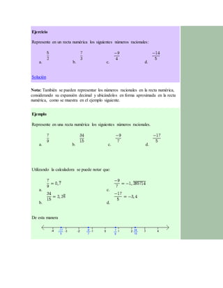 Ejercicio
Represente en un recta numérica los siguientes números racionales:
a. b. c. d.
Solución
Nota: También se pueden representar los números racionales en la recta numérica,
considerando su expansión decimal y ubicándolos en forma aproximada en la recta
numérica, como se muestra en el ejemplo siguiente.
Ejemplo
Represente en una recta numérica los siguientes números racionales.
a. b. c. d.
Utilizando la calculadora se puede notar que:
a.
b.
c.
d.
De esta manera
 