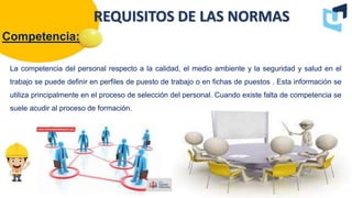 Competencia:
Docente : Jairo Rodríguez Vargas 2022
REQUISITOS DE LAS NORMAS
La competencia del personal respecto a la calidad, el medio ambiente y la seguridad y salud en el
trabajo se puede definir en perfiles de puesto de trabajo o en fichas de puestos . Esta información se
utiliza principalmente en el proceso de selección del personal. Cuando existe falta de competencia se
suele acudir al proceso de formación.
 