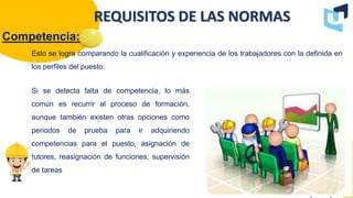 Competencia:
Docente : Jairo Rodríguez Vargas 2022
REQUISITOS DE LAS NORMAS
Esto se logra comparando la cualificación y experiencia de los trabajadores con la definida en
los perfiles del puesto.
Si se detecta falta de competencia, lo más
común es recurrir al proceso de formación,
aunque también existen otras opciones como
periodos de prueba para ir adquiriendo
competencias para el puesto, asignación de
tutores, reasignación de funciones, supervisión
de tareas
 