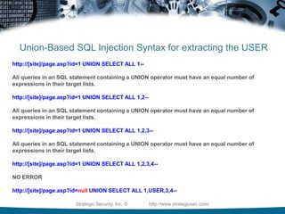Let’s start with MS-SQL syntaxI would say that MS-SQL Injection is probably the most fun ;)‏There is always the possibility of getting access to a stored procedurelike xp_cmdshell.......muahahahahahahahahahahaWe'll spend a little bit of time on MySQL, and not too much time on Oracle as its injection syntax is fairly similar to MS-SQL. But primarily for the sake of time we'll focus on MS-SQL.Strategic Security, Inc. ©                http://www.strategicsec.com/