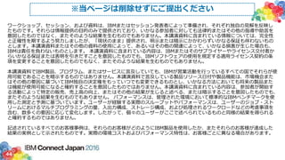 44
※当ページは削除せずにご提出ください
ワークショップ、セッション、および資料は、IBMまたはセッション発表者によって準備され、それぞれ独自の見解を反映し
たものです。それらは情報提供の目的のみで提供されており、いかなる参加者に対しても法律的またはその他の指導や助言を
意図したものではなく、またそのような結果を生むものでもありません。本講演資料に含まれている情報については、完全性
と正確性を期するよう努力しましたが、「現状のまま」提供され、明示または暗示にかかわらずいかなる保証も伴わないもの
とします。本講演資料またはその他の資料の使用によって、あるいはその他の関連によって、いかなる損害が生じた場合も、
IBMは責任を負わないものとします。 本講演資料に含まれている内容は、IBMまたはそのサプライヤーやライセンス交付者か
らいかなる保証または表明を引きだすことを意図したものでも、IBMソフトウェアの使用を規定する適用ライセンス契約の条
項を変更することを意図したものでもなく、またそのような結果を生むものでもありません。
本講演資料でIBM製品、プログラム、またはサービスに言及していても、IBMが営業活動を行っているすべての国でそれらが使
用可能であることを暗示するものではありません。本講演資料で言及している製品リリース日付や製品機能は、市場機会また
はその他の要因に基づいてIBM独自の決定権をもっていつでも変更できるものとし、いかなる方法においても将来の製品また
は機能が使用可能になると確約することを意図したものではありません。本講演資料に含まれている内容は、参加者が開始す
る活動によって特定の販売、売上高の向上、またはその他の結果が生じると述べる、または暗示することを意図したものでも、
またそのような結果を生むものでもありません。 パフォーマンスは、管理された環境において標準的なIBMベンチマークを使
用した測定と予測に基づいています。ユーザーが経験する実際のスループットやパフォーマンスは、ユーザーのジョブ・スト
リームにおけるマルチプログラミングの量、入出力構成、ストレージ構成、および処理されるワークロードなどの考慮事項を
含む、数多くの要因に応じて変化します。したがって、個々のユーザーがここで述べられているものと同様の結果を得られる
と確約するものではありません。
記述されているすべてのお客様事例は、それらのお客様がどのようにIBM製品を使用したか、またそれらのお客様が達成した
結果の実例として示されたものです。実際の環境コストおよびパフォーマンス特性は、お客様ごとに異なる場合があります。
 