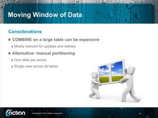 Moving Window of Data

Considerations
 COMBINE on a large table can be expensive
  Mostly relevant for updates and deletes

 Alternative: manual partitioning
  One table per period
  Single view across all tables




             Confidential © 2012 Actian Corporation   14
 